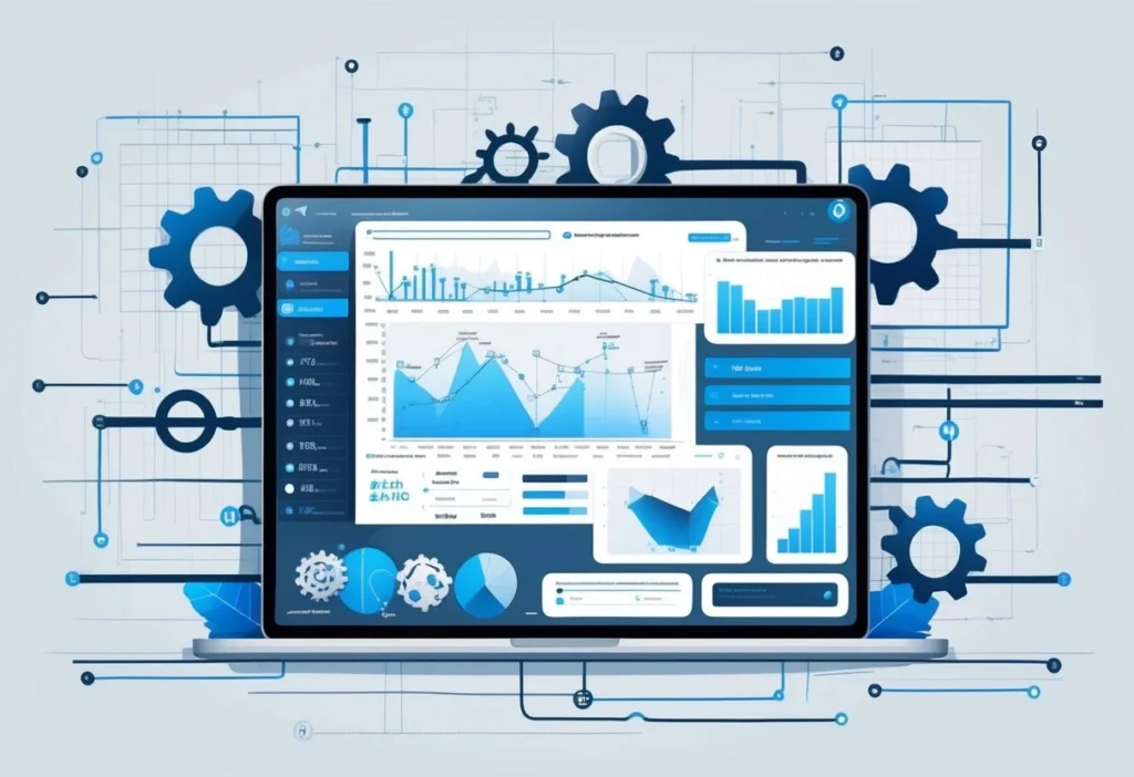 A digital dashboard with interconnected gears, flowcharts, and graphs illustrating the concept of calculating and identifying bottlenecks in a system.