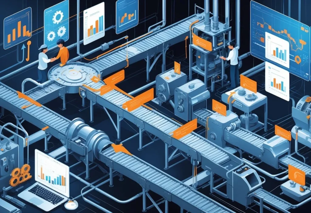 An industrial process with machinery and conveyor belts showing flow and areas of congestion, overlaid with digital charts and graphs representing analysis.