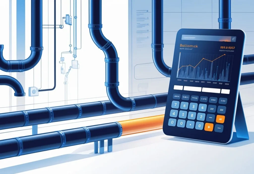 An illustration showing a system pipeline with a narrow bottleneck section and a digital calculator analyzing data nearby.