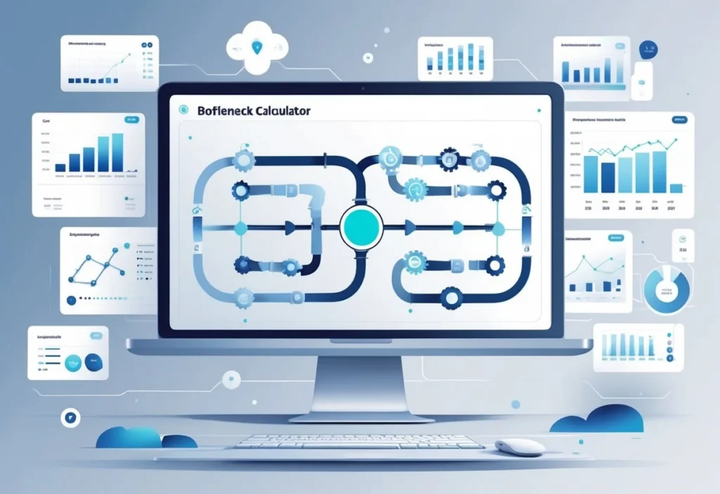 A modern workspace with a computer displaying a flowchart highlighting a bottleneck point in a process, surrounded by data charts and graphs.