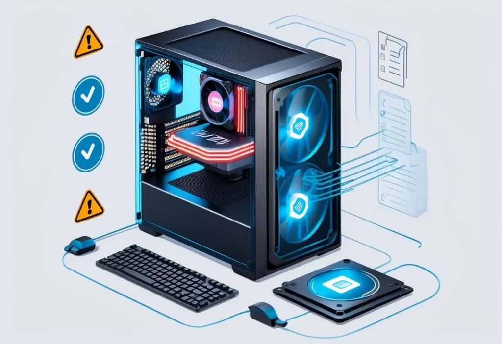 A detailed illustration of a desktop computer with a visible CPU showing common issues like overheating, dust buildup, and slow data flow, alongside symbols representing solutions to avoid bottlenecks.