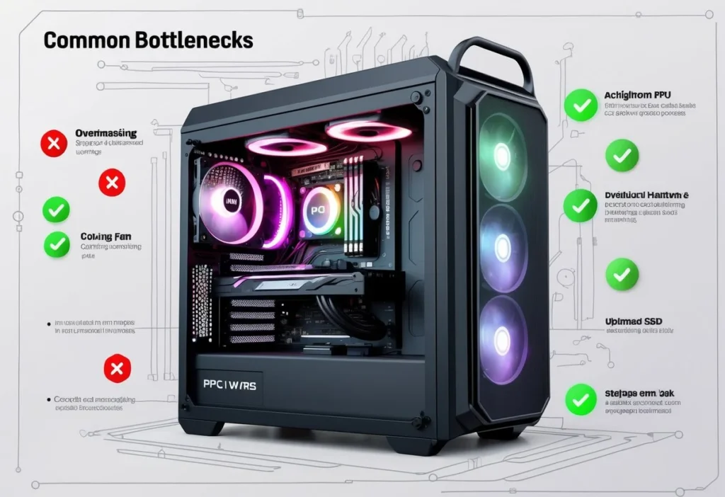 A desktop PC with highlighted internal components showing common causes of performance slowdowns and visual indicators of solutions to avoid bottlenecks.